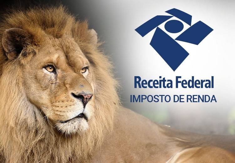 Logo da Receita Federal com uma foto de um leão ao lado e os dizeres "Receita Federal, Imposto de Renda"